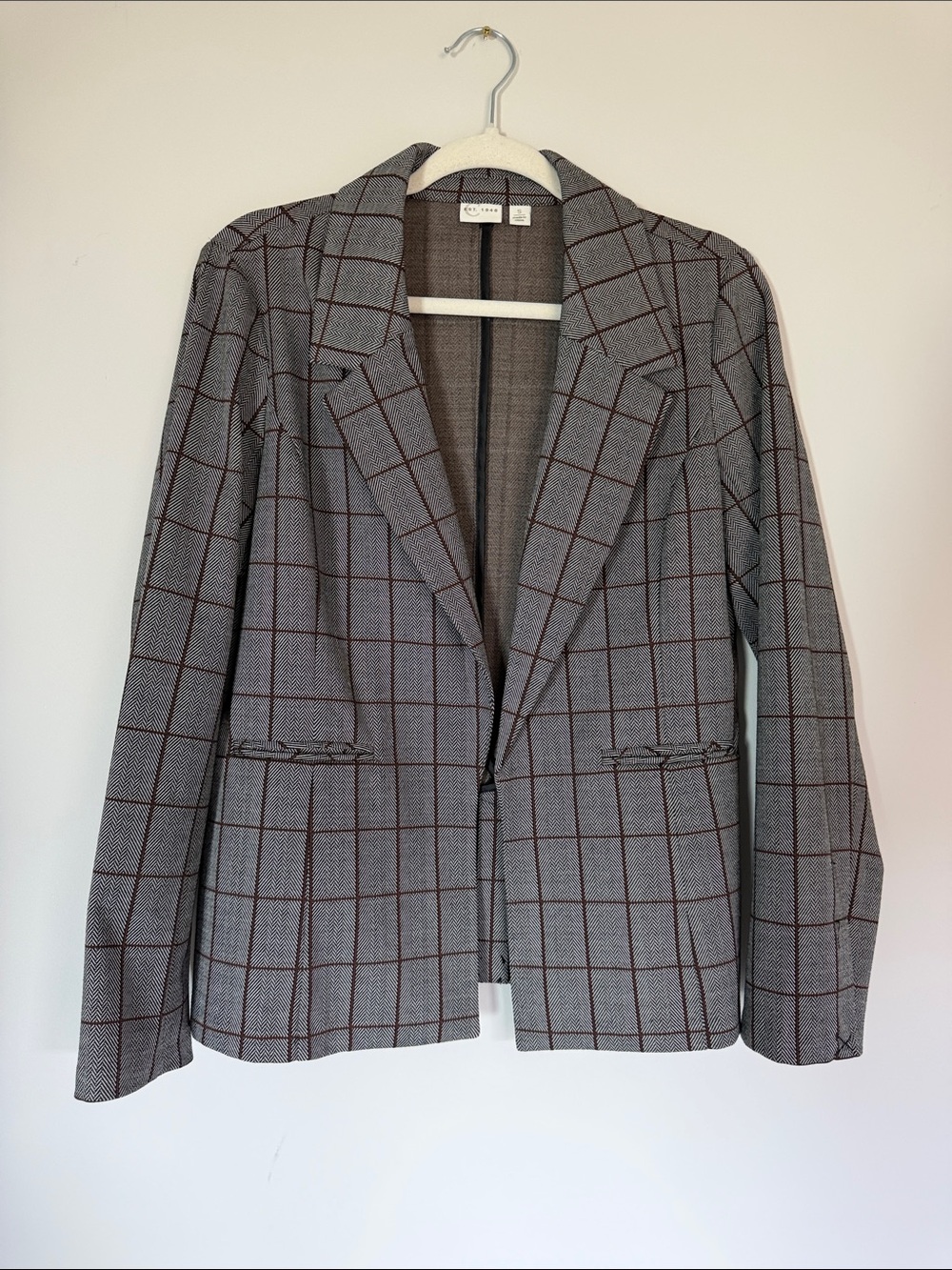 Women’s Checked Blazer Jacket - Gray with Brown Windowpane size S